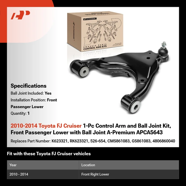 2010-2014 Toyota FJ Cruiser 1-Pc Control Arm and Ball Joint Kit, Front Passenger Lower with Ball Joint A-Premium APCA5643
