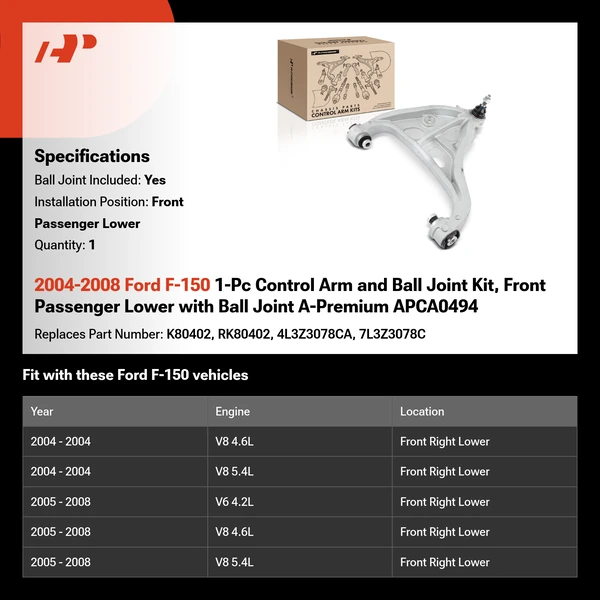 2004-2008 Ford F-150 1-Pc Control Arm and Ball Joint Kit, Front Passenger Lower with Ball Joint A-Premium APCA0494