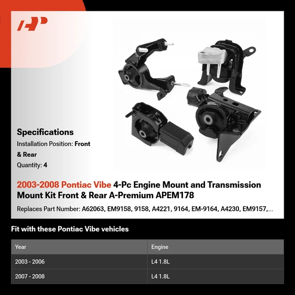 2003-2008 Pontiac Vibe 4-Pc Engine Mount and Transmission Mount Kit Front & Rear A-Premium APEM178
