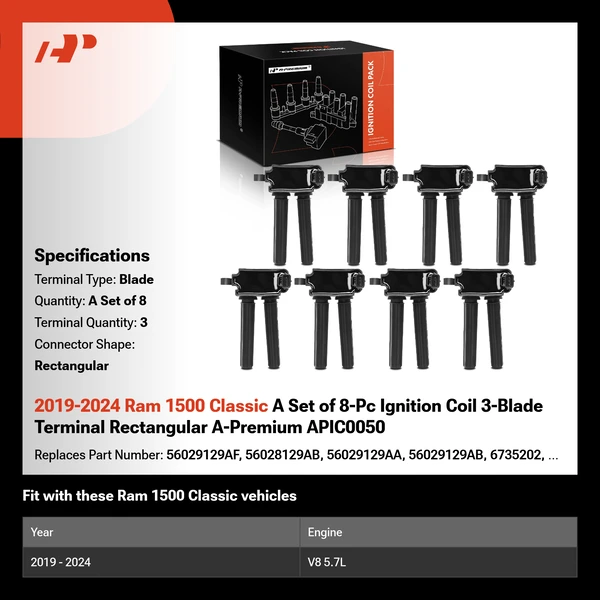 2019-2024 Ram 1500 Classic A Set of 8-Pc Ignition Coil 3-Blade Terminal Rectangular A-Premium APIC0050