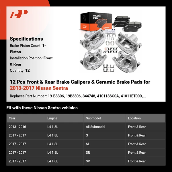 12 Pcs Front & Rear Brake Calipers & Ceramic Brake Pads for 2013-2017 Nissan Sentra