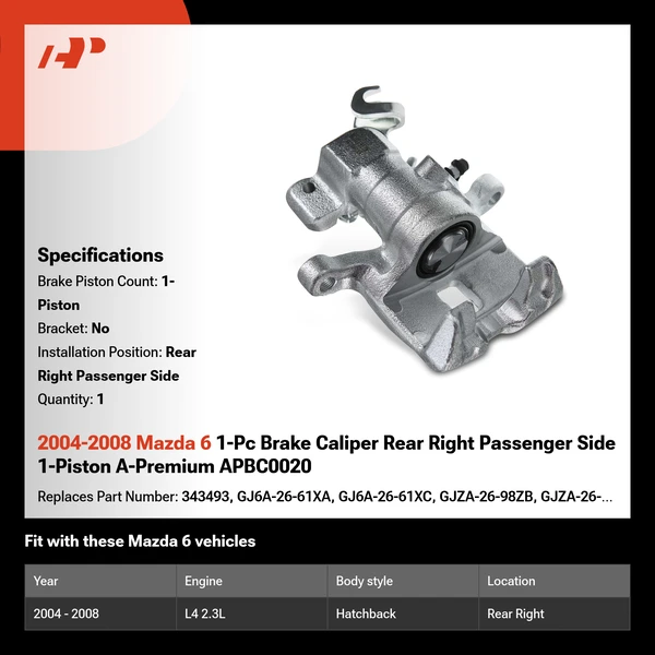 2004-2008 Mazda 6 1-Pc Brake Caliper Rear Right Passenger Side 1-Piston A-Premium APBC0020