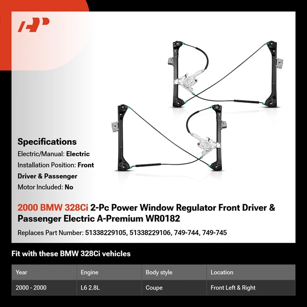 2000 BMW 328Ci 2-Pc Power Window Regulator Front Driver & Passenger Electric A-Premium WR0182