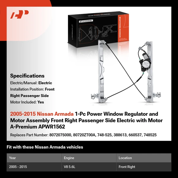 2005-2015 Nissan Armada 1-Pc Power Window Regulator and Motor Assembly Front Right Passenger Side Electric with Motor A-Premium APWR1562