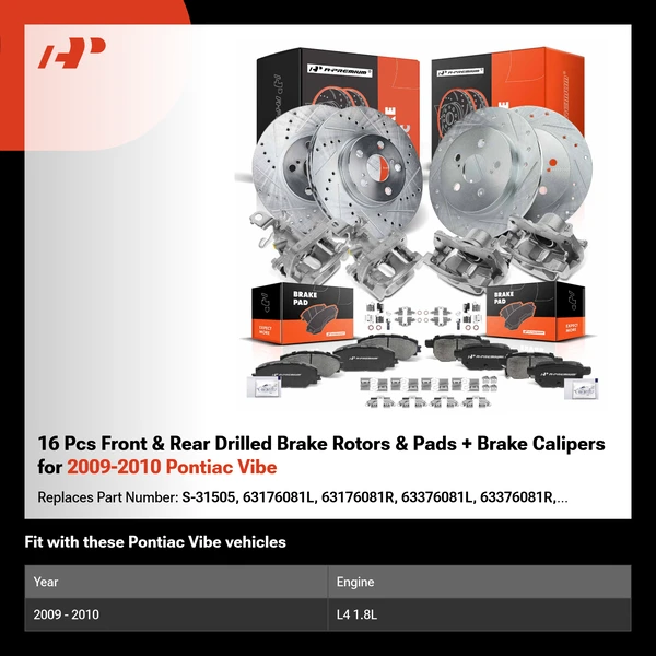 16 Pcs Front & Rear Drilled Brake Rotors & Pads + Brake Calipers for 2009-2010 Pontiac Vibe