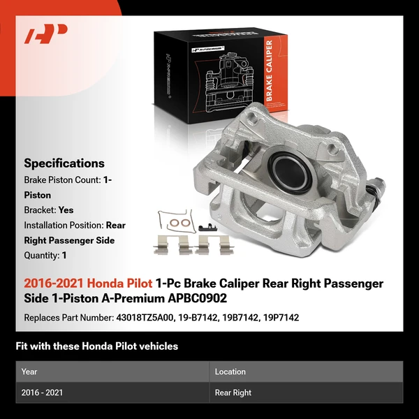 2016-2021 Honda Pilot 1-Pc Brake Caliper Rear Right Passenger Side 1-Piston A-Premium APBC0902