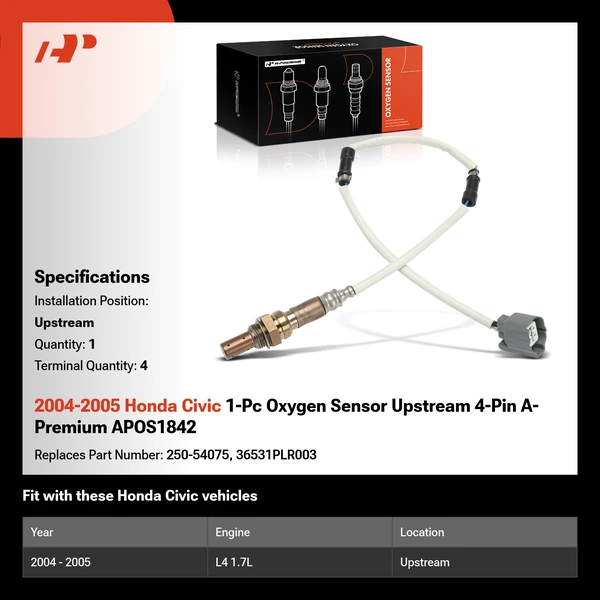 2004-2005 Honda Civic 1-Pc Oxygen Sensor Upstream 4-Pin A-Premium APOS1842