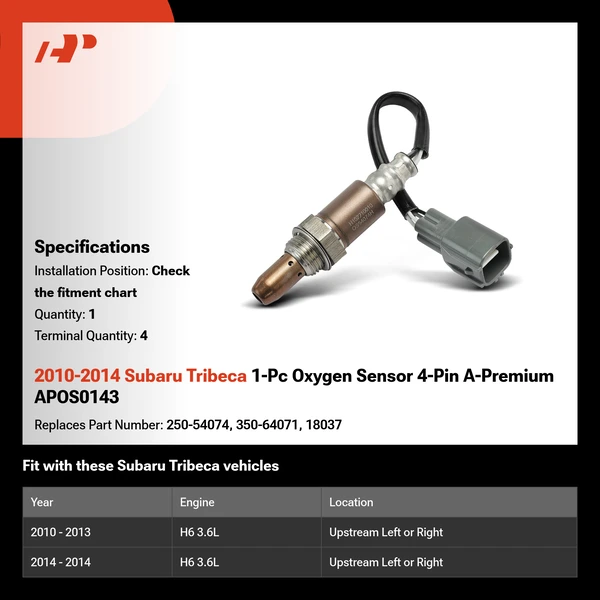 2010-2014 Subaru Tribeca 1-Pc Oxygen Sensor 4-Pin A-Premium APOS0143