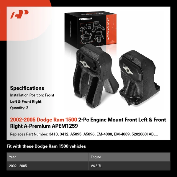 2002-2005 Dodge Ram 1500 2-Pc Engine Mount Front Left & Front Right A-Premium APEM1259