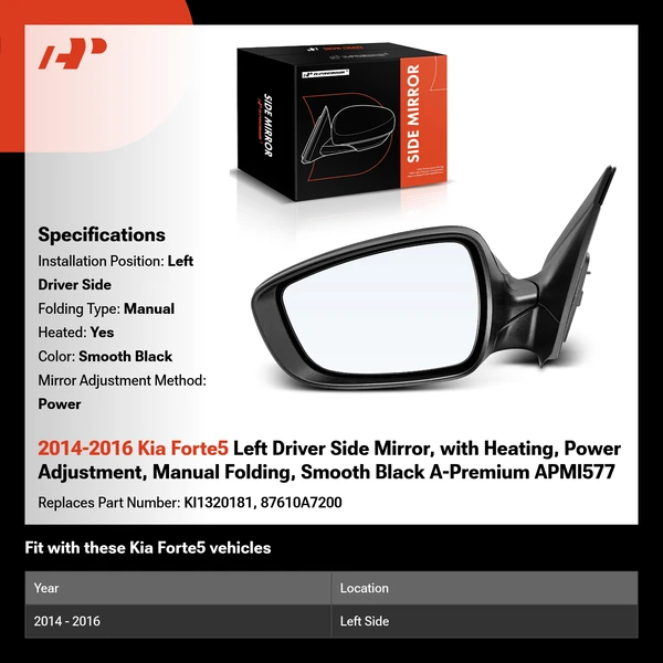 2014-2016 Kia Forte5 Left Driver Side Mirror, with Heating, Power Adjustment, Manual Folding, Smooth Black A-Premium APMI577