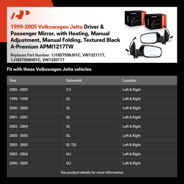 1999-2005 Volkswagen Jetta Driver & Passenger Mirror, with Heating, Manual Adjustment, Manual Folding, Textured Black A-Premium APMI1217TW