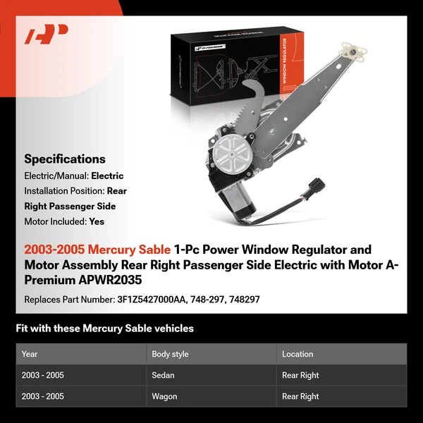 2003-2005 Mercury Sable 1-Pc Power Window Regulator and Motor Assembly Rear Right Passenger Side Electric with Motor A-Premium APWR2035