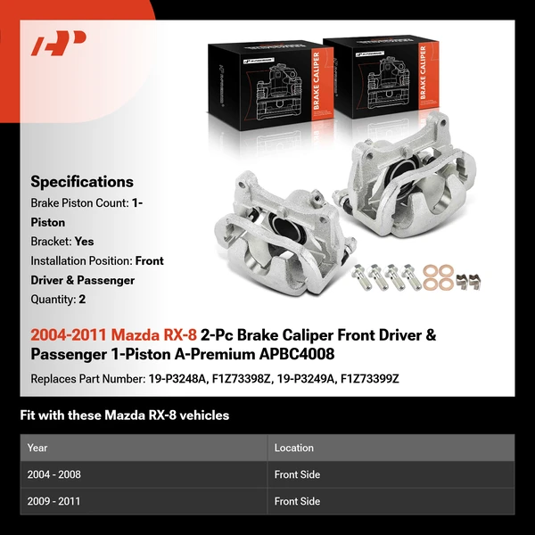 2004-2011 Mazda RX-8 2-Pc Brake Caliper Front Driver & Passenger 1-Piston A-Premium APBC4008