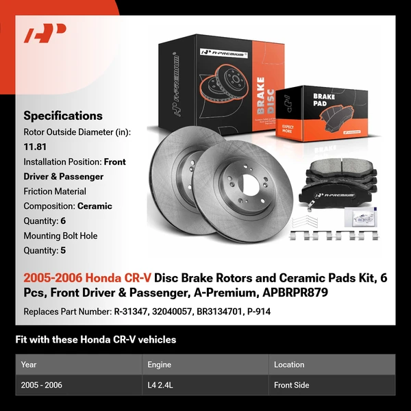 2005-2006 Honda CR-V Disc Brake Rotors and Ceramic Pads Kit, 6 Pcs, Front Driver & Passenger, A-Premium, APBRPR879