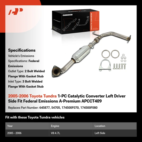 2005-2006 Toyota Tundra 1-PC Catalytic Converter Left Driver Side Fit Federal Emissions A-Premium APCCT409