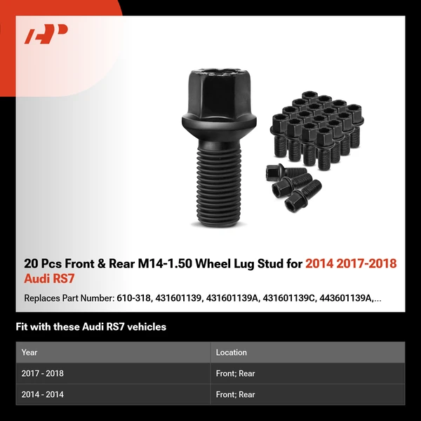 20 Pcs Front & Rear M14-1.50 Wheel Lug Stud for 2014 2017-2018 Audi RS7