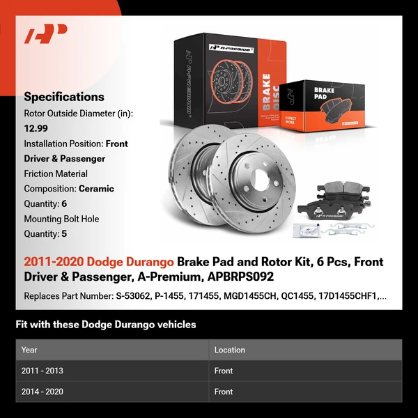 2011-2020 Dodge Durango Brake Pad and Rotor Kit, 6 Pcs, Front Driver & Passenger, A-Premium, APBRPS092