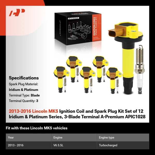 2013-2016 Lincoln MKS Ignition Coil and Spark Plug Kit Set of 12 Iridium & Platinum Series, 3-Pin Terminal A-Premium APIC1028