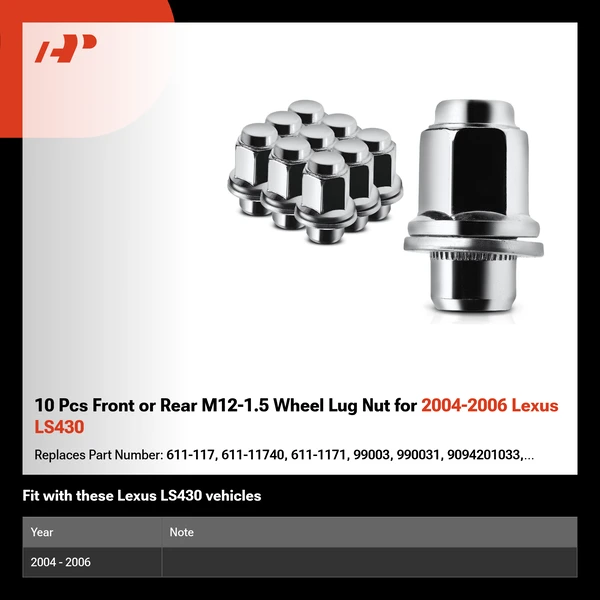 10 Pcs Front or Rear M12-1.5 Wheel Lug Nut for 2004-2006 Lexus LS430