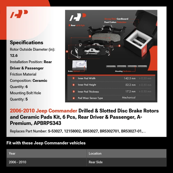 2006-2010 Jeep Commander Drilled & Slotted Disc Brake Rotors and Ceramic Pads Kit, 6 Pcs, Rear Driver & Passenger, A-Premium, APBRPS343