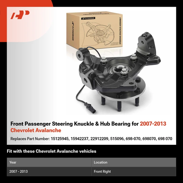 Front Passenger Steering Knuckle & Hub Bearing for 2007-2013 Chevrolet Avalanche
