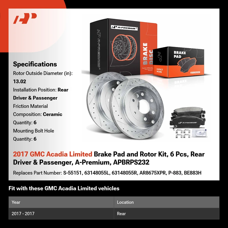 2017 GMC Acadia Limited Brake Pad and Rotor Kit, 6 Pcs, Rear Driver & Passenger, A-Premium, APBRPS232