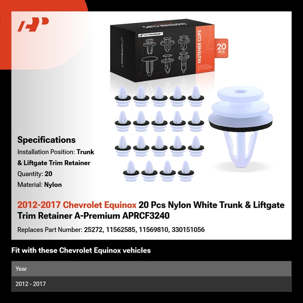 2012-2017 Chevrolet Equinox 20 Pcs Nylon White Trunk & Liftgate Trim Retainer A-Premium APRCF3240