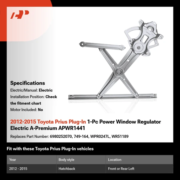2012-2015 Toyota Prius Plug-In 1-Pc Power Window Regulator Electric A-Premium APWR1441