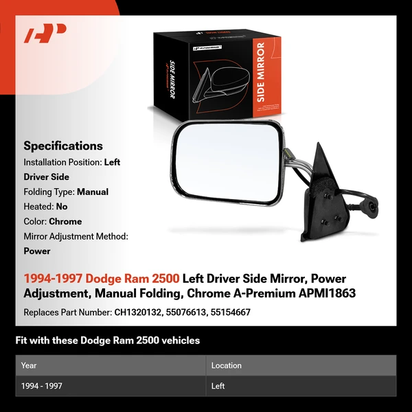 1994-1997 Dodge Ram 2500 Left Driver Side Mirror, Power Adjustment, Manual Folding, Chrome A-Premium APMI1863