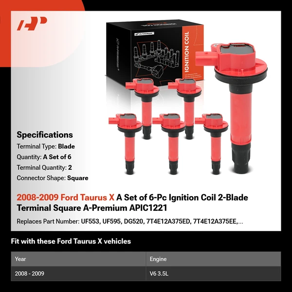 2008-2009 Ford Taurus X A Set of 6-Pc Ignition Coil 2-Blade Terminal Square A-Premium APIC1221