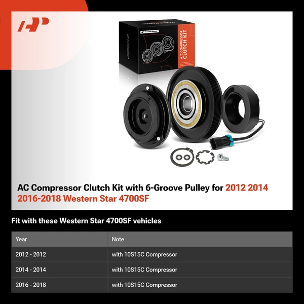 AC Compressor Clutch Kit with 6-Groove Pulley for 2012 2014 2016-2018 Western Star 4700SF