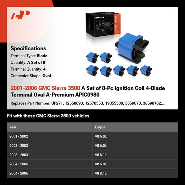 2001-2006 GMC Sierra 3500 A Set of 8-Pc Ignition Coil 4-Blade Terminal Oval A-Premium APIC0980