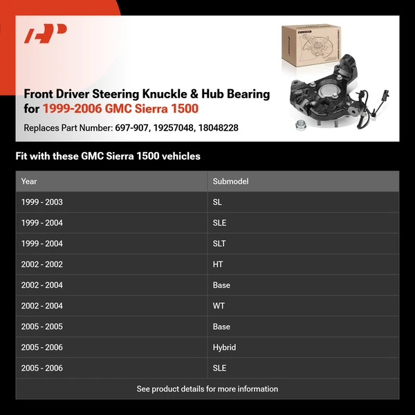 Front Driver Steering Knuckle & Hub Bearing for 1999-2006 GMC Sierra 1500