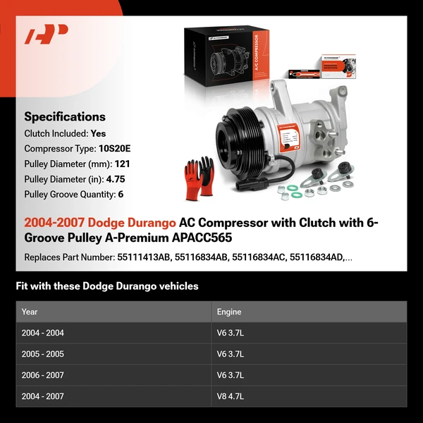 2004-2007 Dodge Durango AC Compressor with Clutch with 6-Groove Pulley A-Premium APACC565