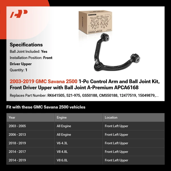 2003-2019 GMC Savana 2500 1-Pc Control Arm and Ball Joint Kit, Front Driver Upper with Ball Joint A-Premium APCA6168