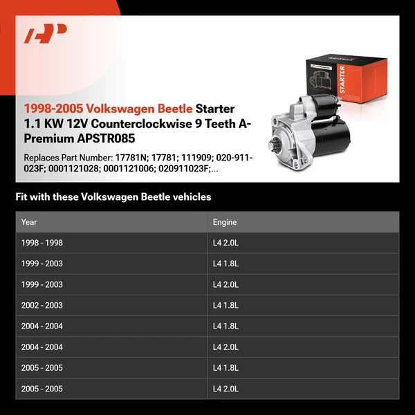 1998-2005 Volkswagen Beetle Starter 1.1 KW 12V Counterclockwise 9 Teeth A-Premium APSTR085