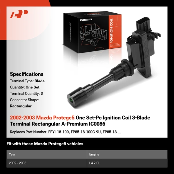 2002-2003 Mazda Protege5 One Set-Pc Ignition Coil 3-Blade Terminal Rectangular A-Premium IC0086