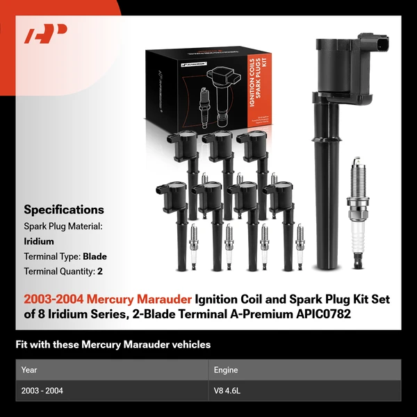 2003-2004 Mercury Marauder Ignition Coil and Spark Plug Kit Set of 8 Iridium Series, 2-Blade Terminal A-Premium APIC0782