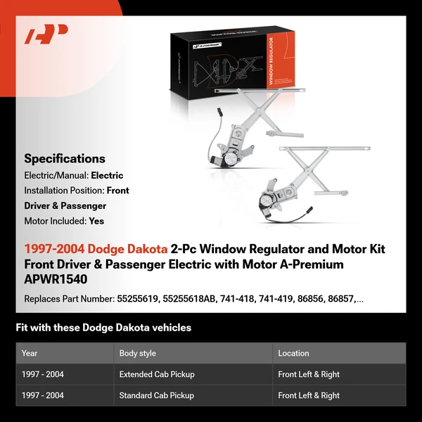 1997-2004 Dodge Dakota 2-Pc Window Regulator and Motor Kit Front Driver & Passenger Electric with Motor A-Premium APWR1540
