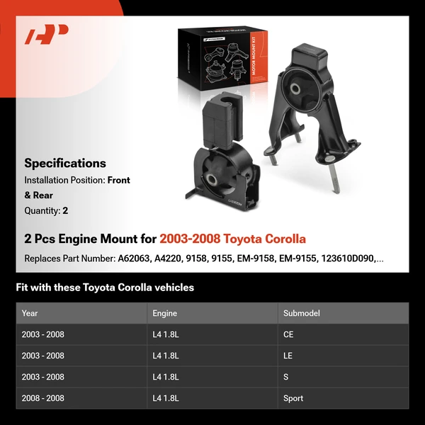 2 Pcs Engine Mount for 2003-2008 Toyota Corolla