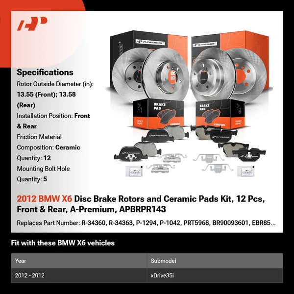 2012 BMW X6 Disc Brake Rotors and Ceramic Pads Kit, 12 Pcs, Front & Rear, A-Premium, APBRPR143