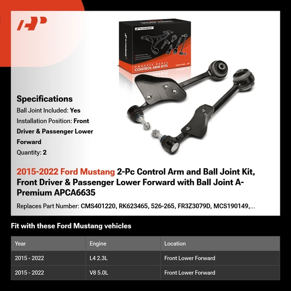 2015-2022 Ford Mustang 2-Pc Control Arm and Ball Joint Kit, Front Driver & Passenger Lower Forward with Ball Joint A-Premium APCA6635