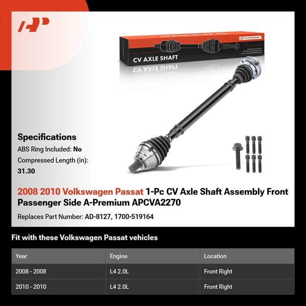 2008 2010 Volkswagen Passat 1-Pc CV Axle Shaft Assembly Front Passenger Side A-Premium APCVA2270
