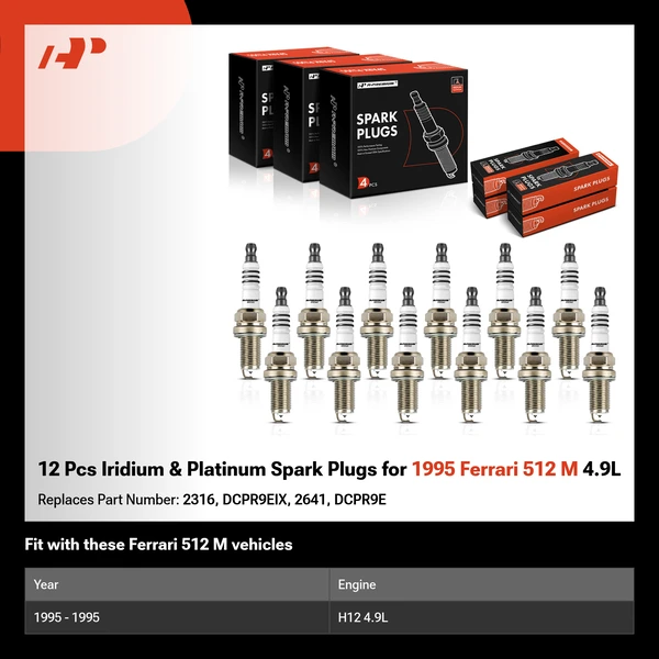 12 Pcs Iridium & Platinum Spark Plugs for 1995 Ferrari 512 M 4.9L