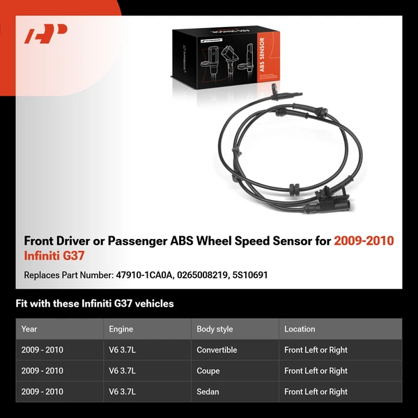 Front Driver or Passenger ABS Wheel Speed Sensor for 2009-2010 Infiniti G37