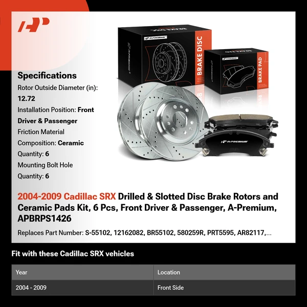 2004-2009 Cadillac SRX Drilled & Slotted Disc Brake Rotors and Ceramic Pads Kit, 6 Pcs, Front Driver & Passenger, A-Premium, APBRPS1426