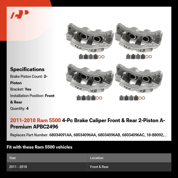 2011-2018 Ram 5500 4-Pc Brake Caliper Front & Rear 2-Piston A-Premium APBC2496