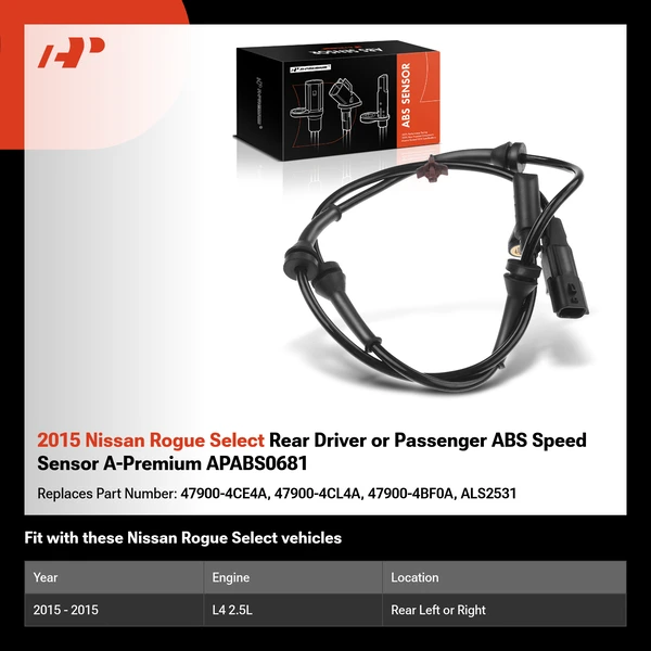 2015 Nissan Rogue Select Rear Driver or Passenger ABS Speed Sensor A-Premium APABS0681
