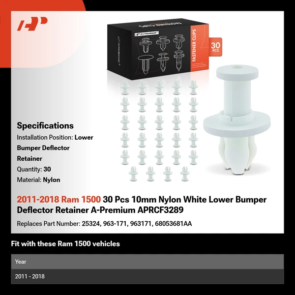 2011-2018 Ram 1500 30 Pcs 10mm Nylon White Lower Bumper Deflector Retainer A-Premium APRCF3289