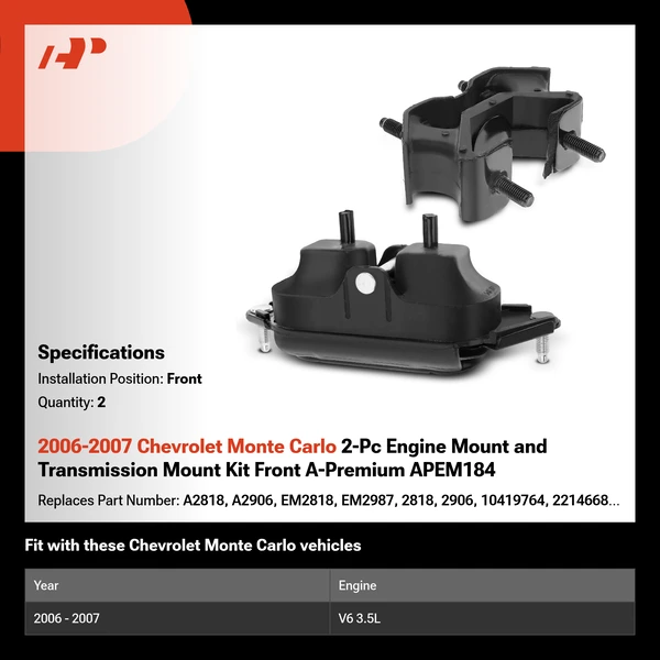 2006-2007 Chevrolet Monte Carlo 2-Pc Engine Mount and Transmission Mount Kit Front A-Premium APEM184